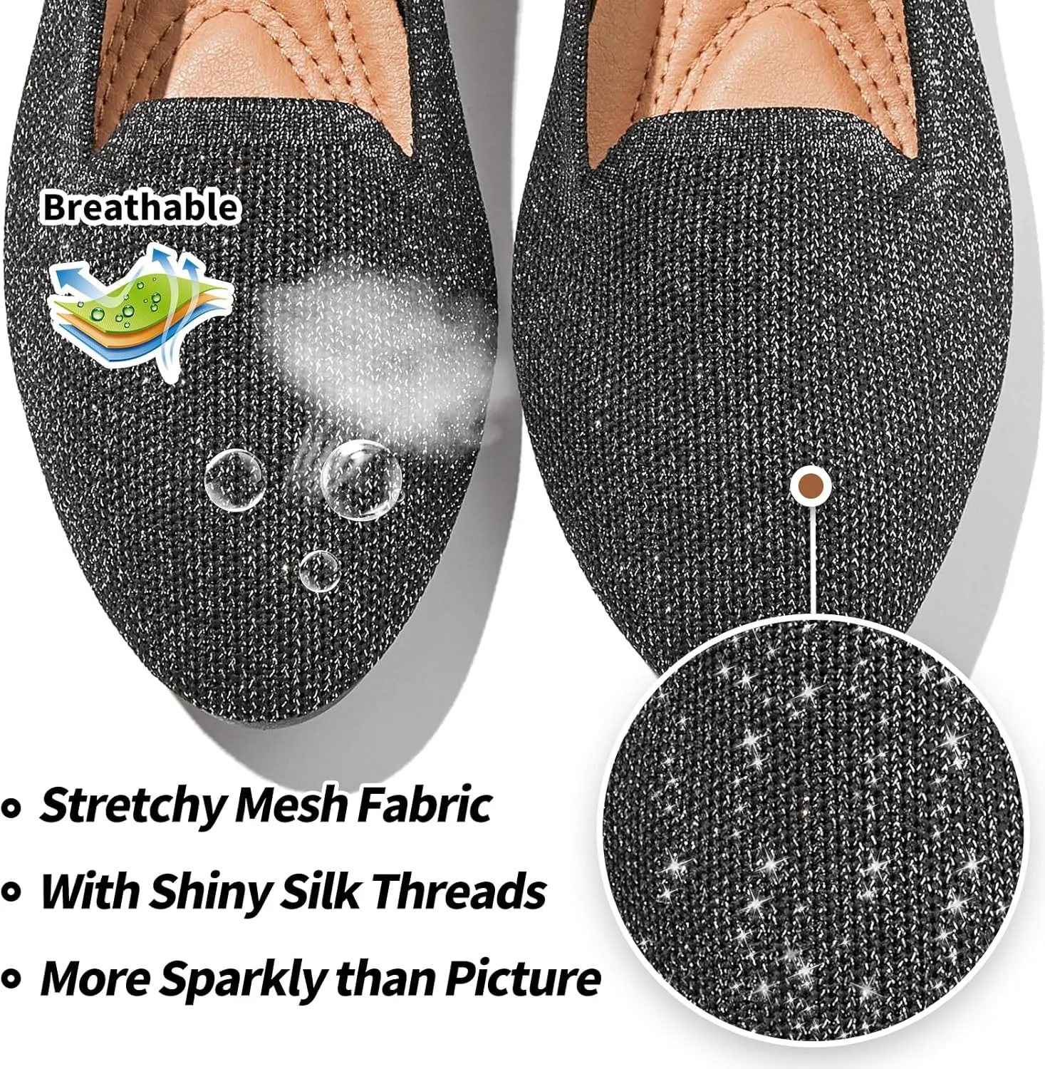 BABUDOG Women's Sparkly Flats Shoes Shiny Mesh Loafers Shoes Soft Memory Foam Flats