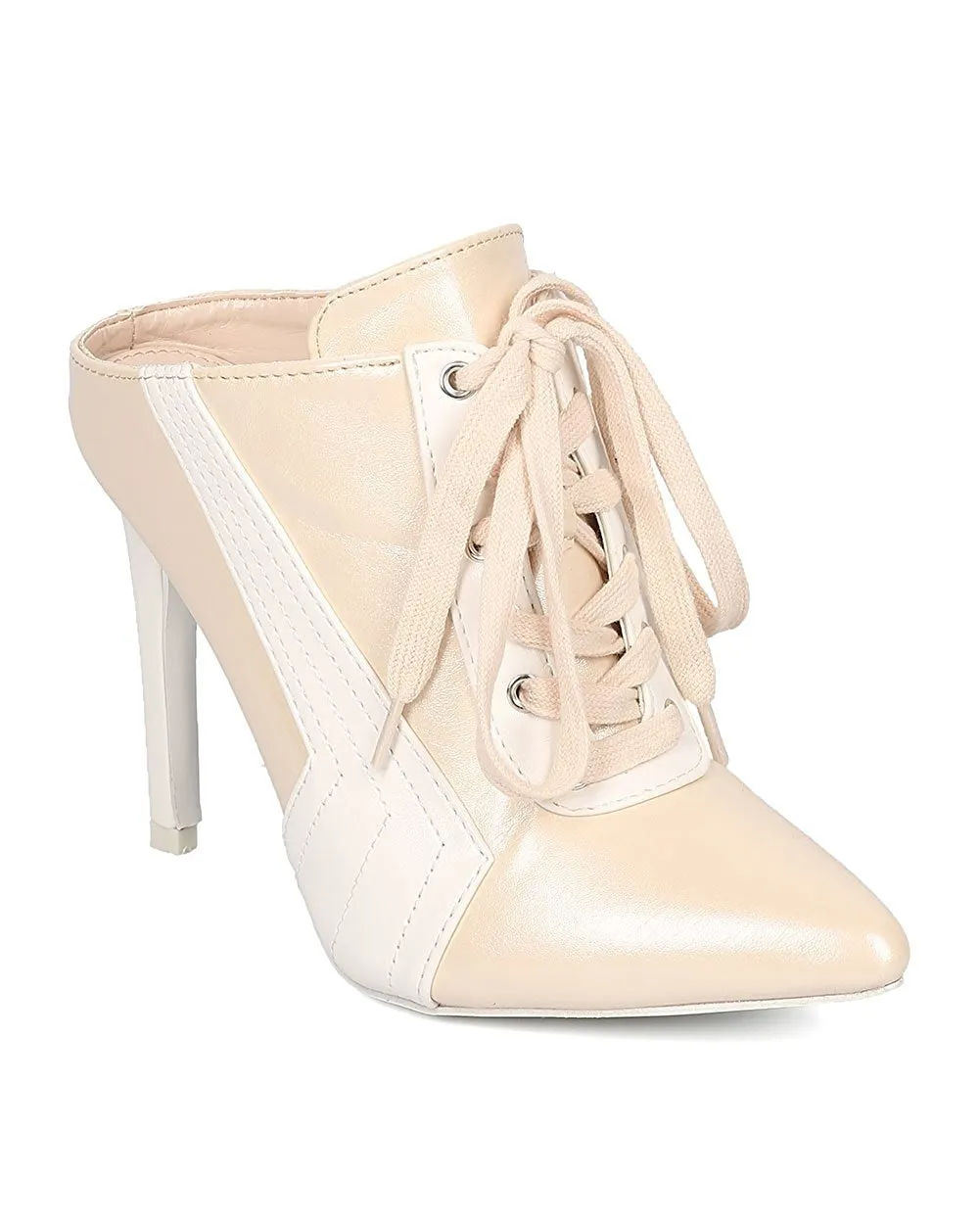 Cape Robbin Gigi Open Back Pointed Toe Lace Up Color Block Stilleto Mules Pumps
