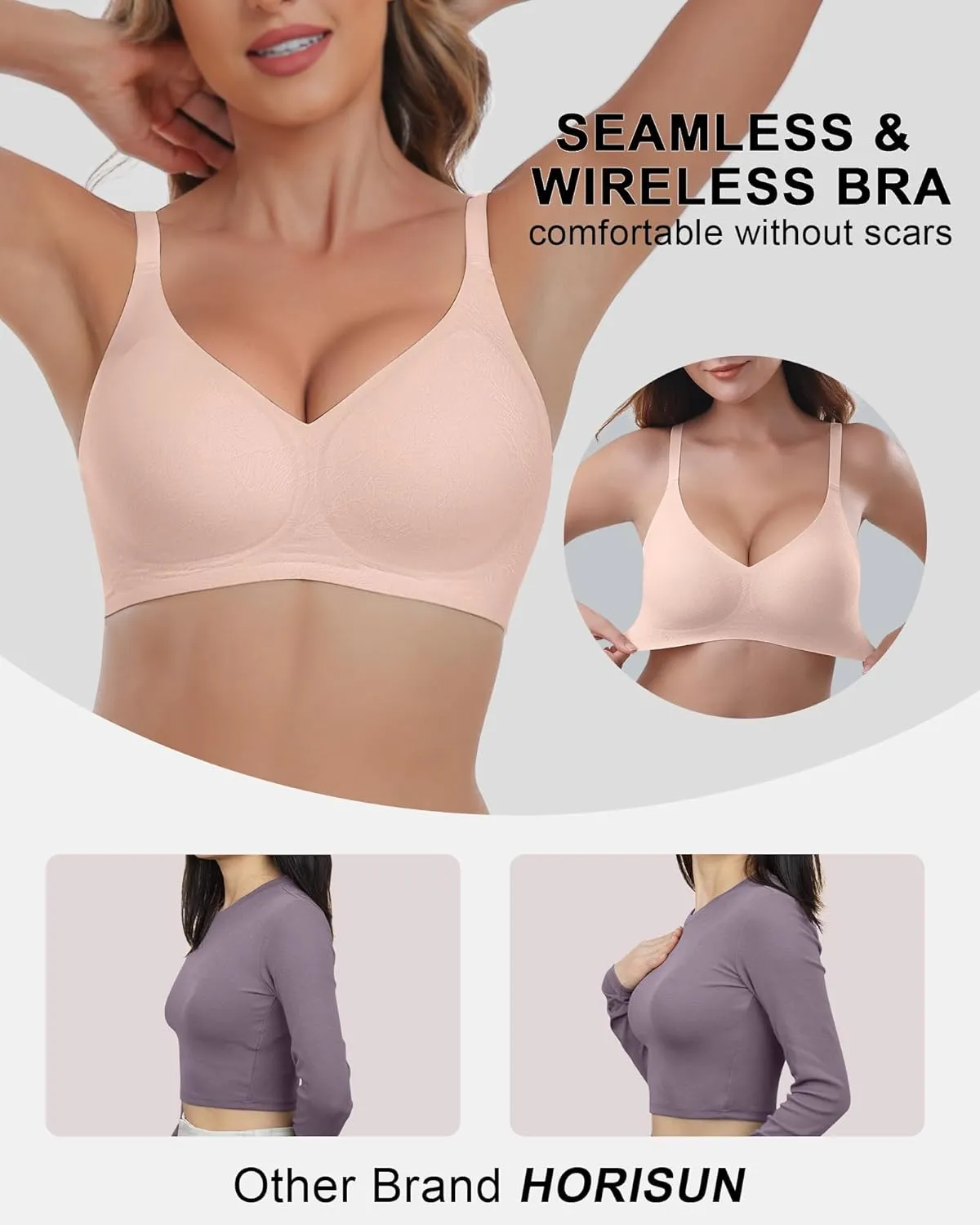 HORISUN Seamless Bra V Neck Lace Floral Wireless Bralette No Underwire Bra for Women