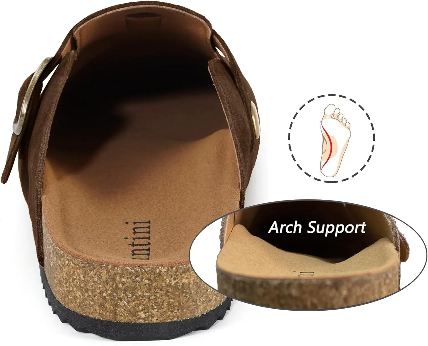 Intini Womens Suede Clogs Mens Leather Mules Cork Footbed Sandals with Arch Support