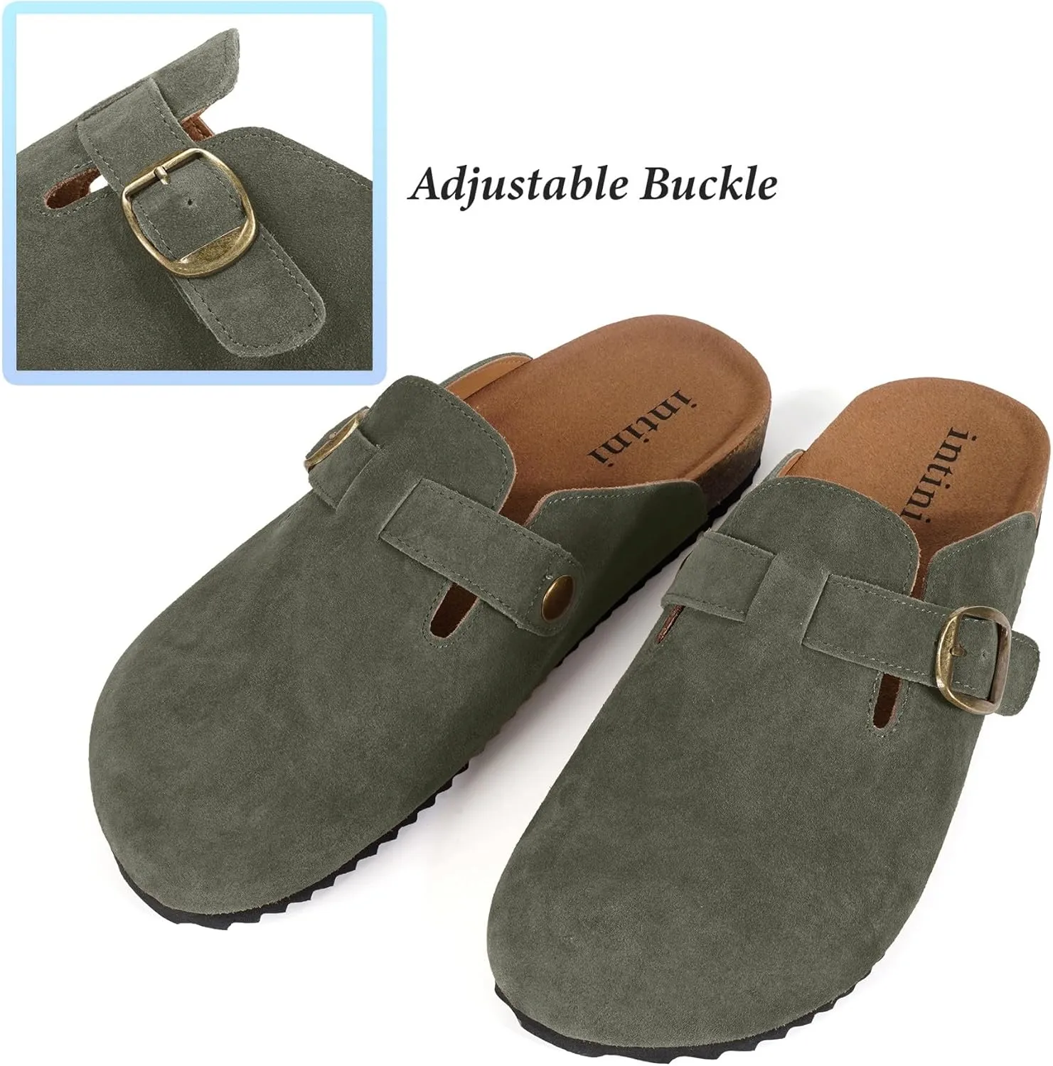 Intini Womens Suede Clogs Mens Leather Mules Cork Footbed Sandals with Arch Support