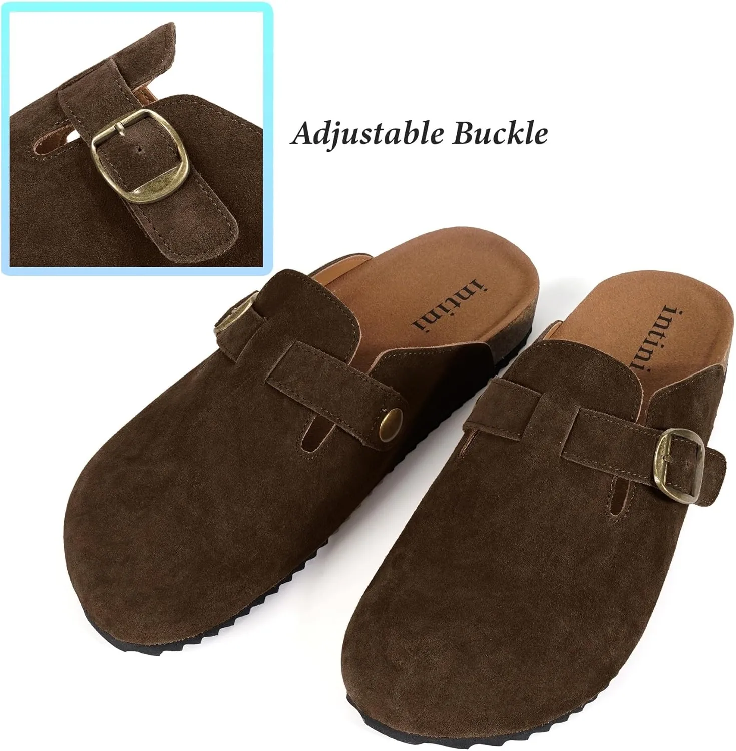 Intini Womens Suede Clogs Mens Leather Mules Cork Footbed Sandals with Arch Support