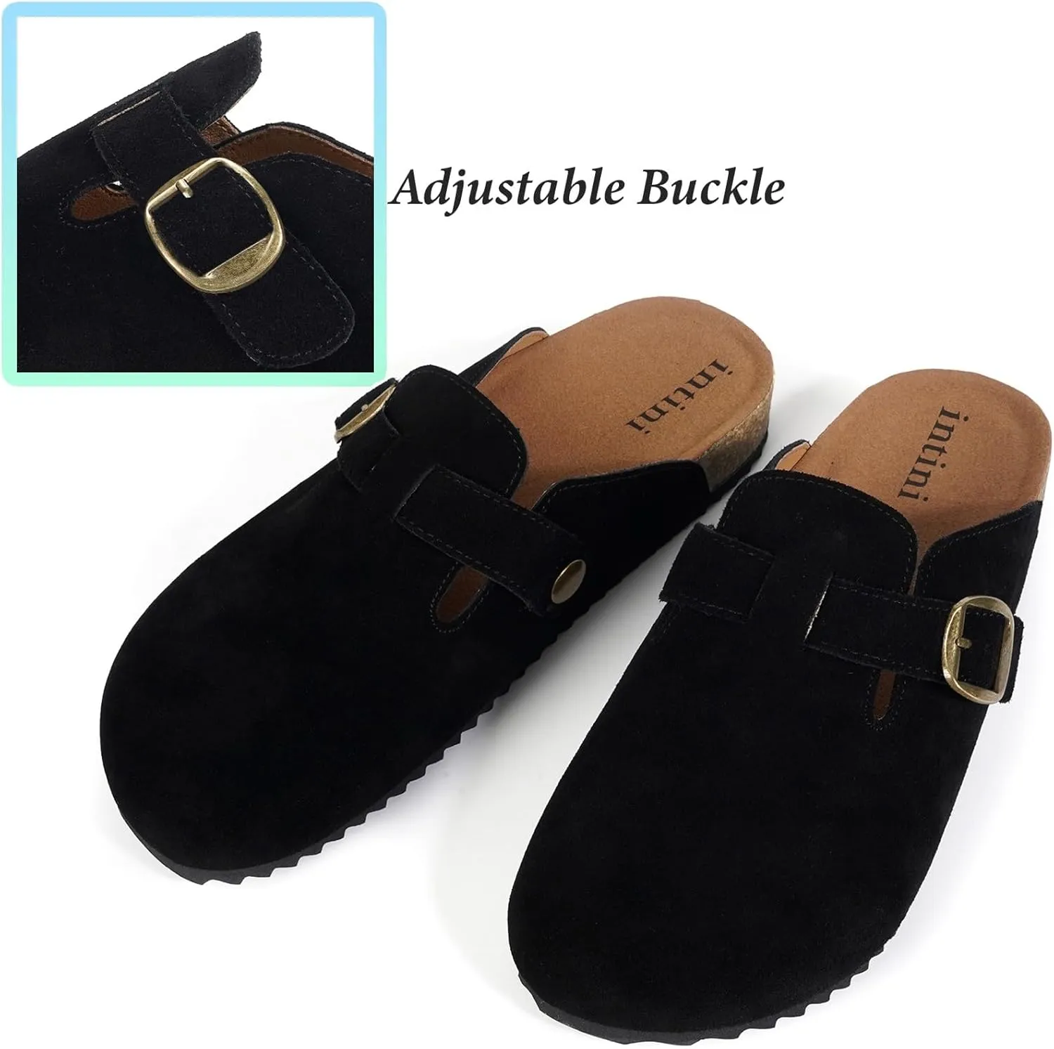 Intini Womens Suede Clogs Mens Leather Mules Cork Footbed Sandals with Arch Support