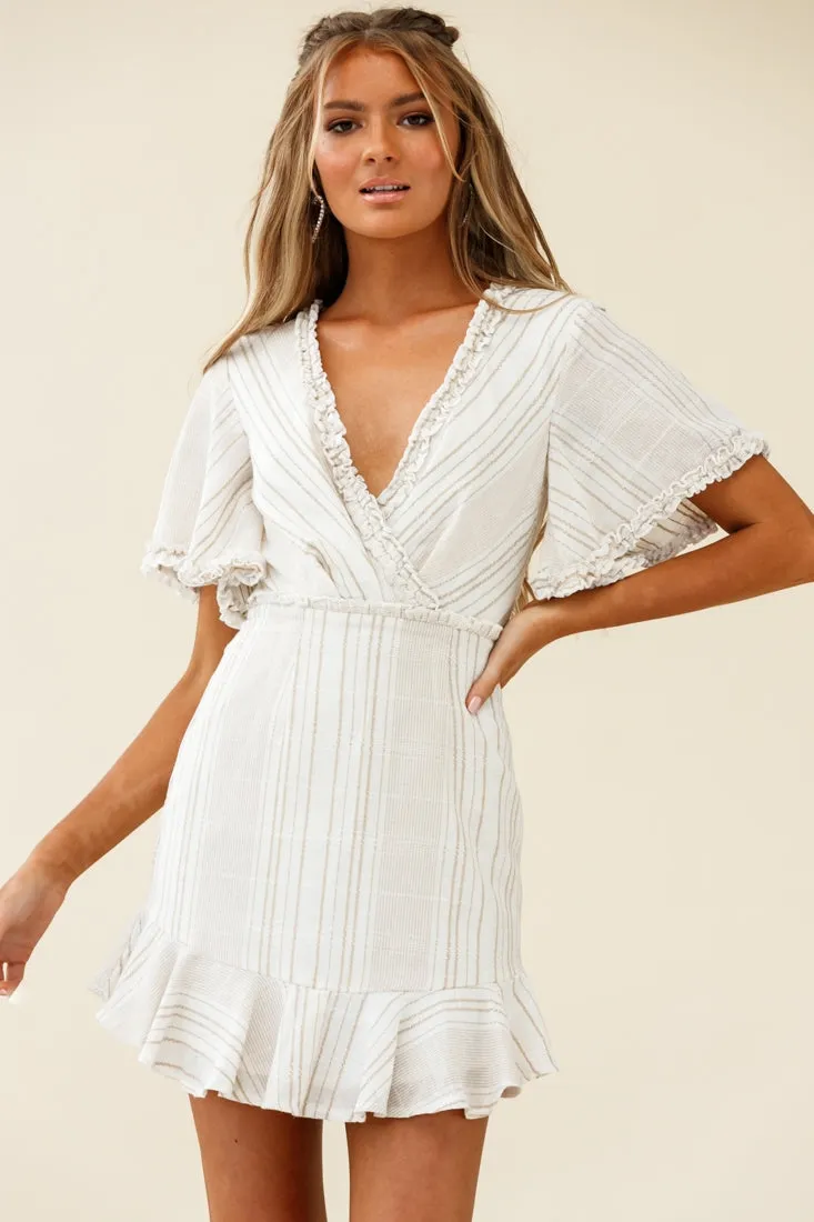 Ochre Open Back Bow Detail Dress Stripe Pattern White/Mocha