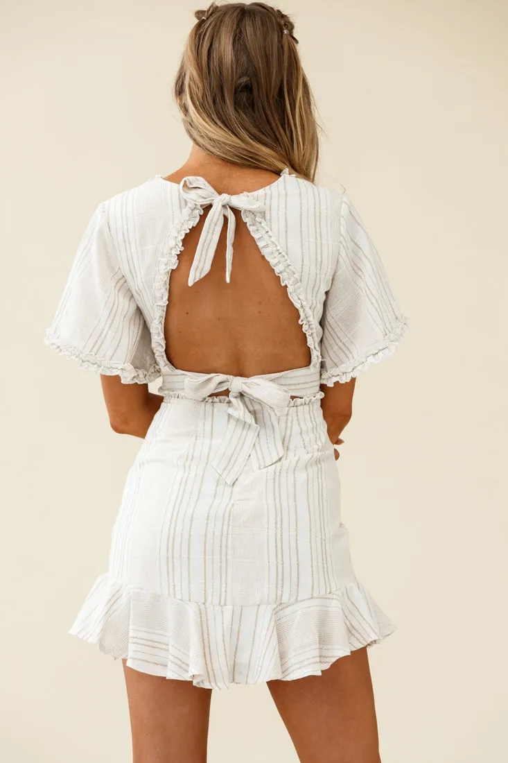 Ochre Open Back Bow Detail Dress Stripe Pattern White/Mocha