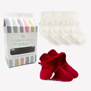 Stay-on, Non-Slip Crimson Red Velvet Booties   Frilly Sock Bundle