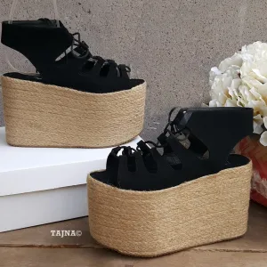 Summer Lace Up Black Wedge Platform Sandals