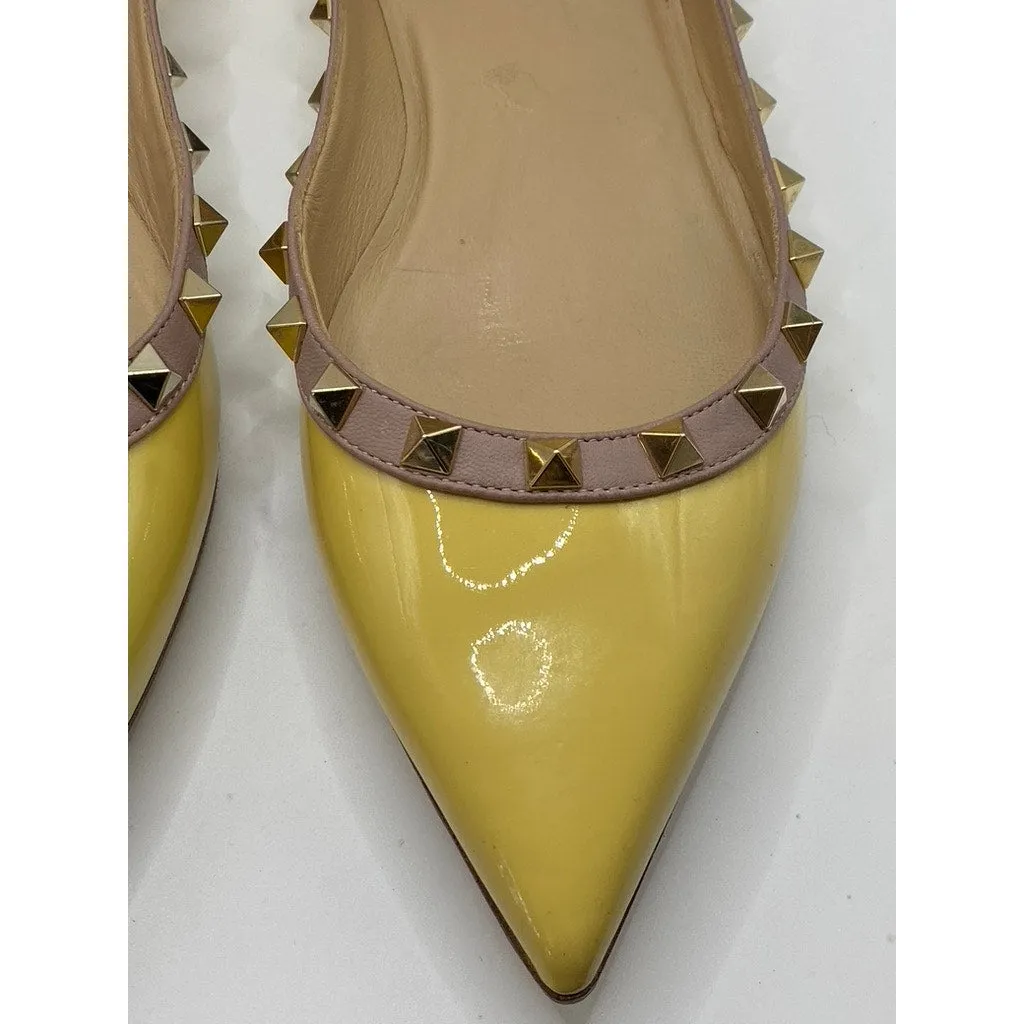 VALENTINO GARAVANI Women's Yellow Patent Leather Rockstud Ballet Flats SZ 9.5