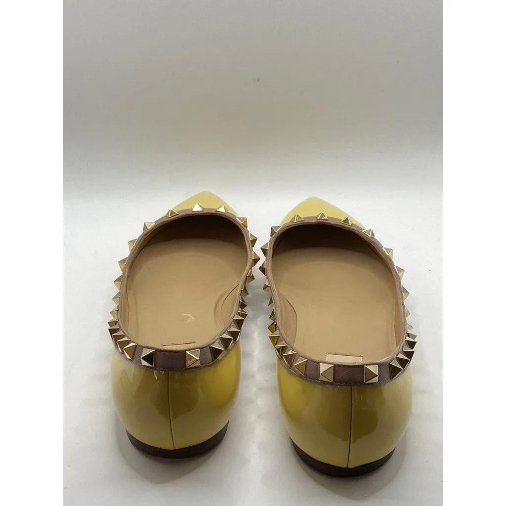 VALENTINO GARAVANI Women's Yellow Patent Leather Rockstud Ballet Flats SZ 9.5