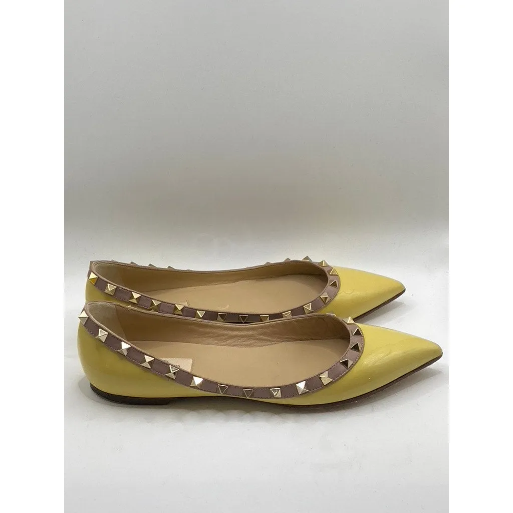 VALENTINO GARAVANI Women's Yellow Patent Leather Rockstud Ballet Flats SZ 9.5