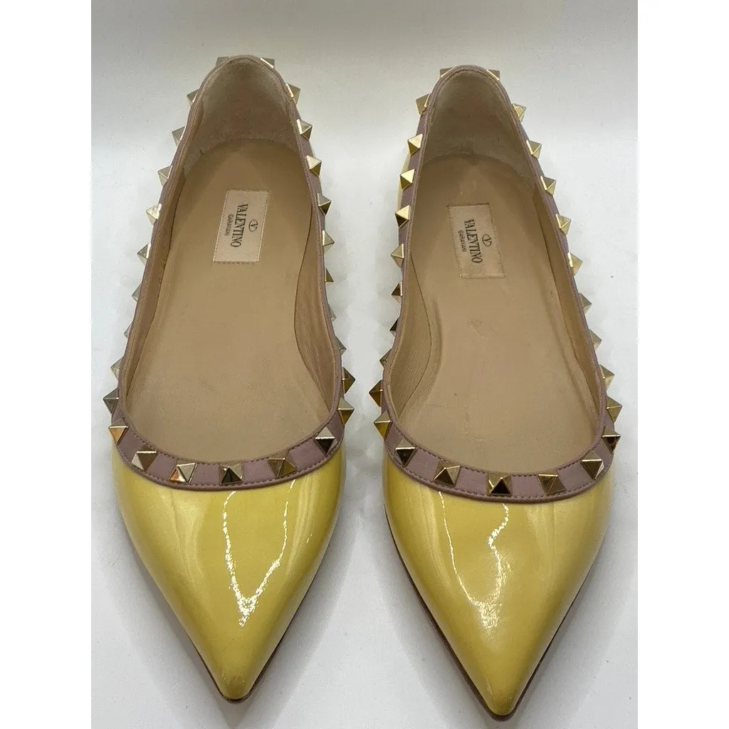 VALENTINO GARAVANI Women's Yellow Patent Leather Rockstud Ballet Flats SZ 9.5