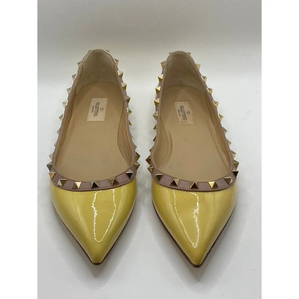 VALENTINO GARAVANI Women's Yellow Patent Leather Rockstud Ballet Flats SZ 9.5
