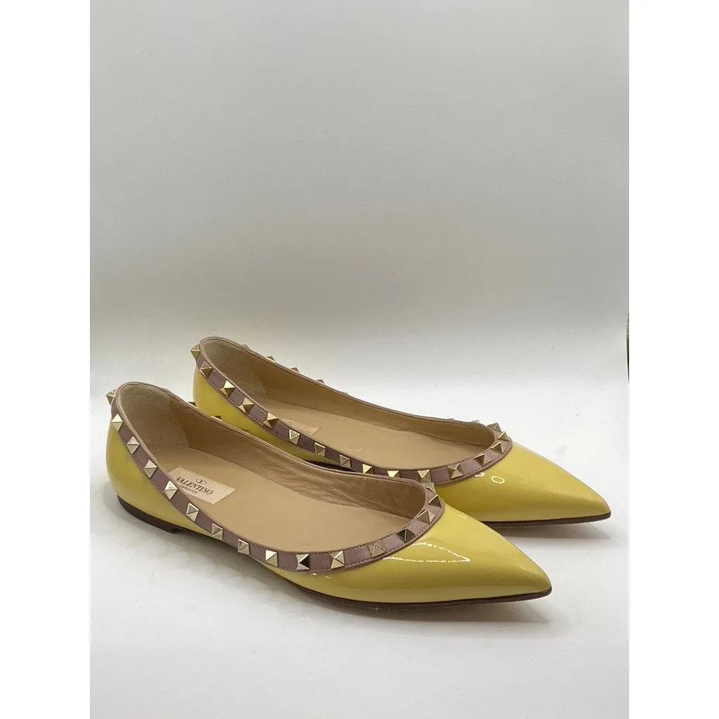 VALENTINO GARAVANI Women's Yellow Patent Leather Rockstud Ballet Flats SZ 9.5