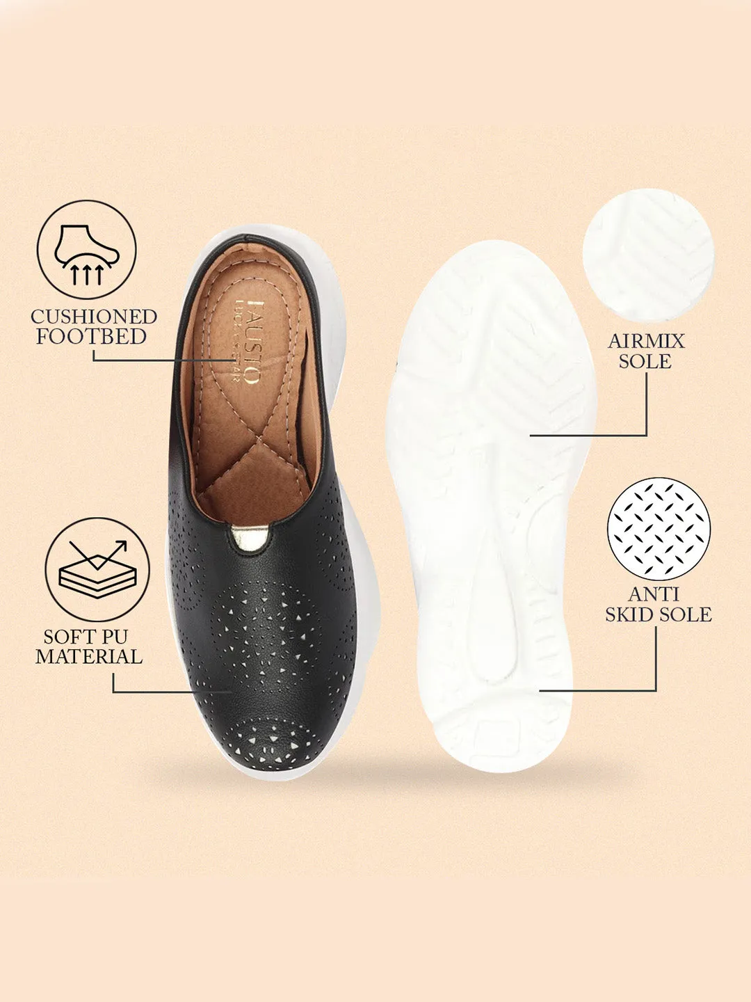 Women Black Laser Cut Design Back Open Slip On Mules Shoes