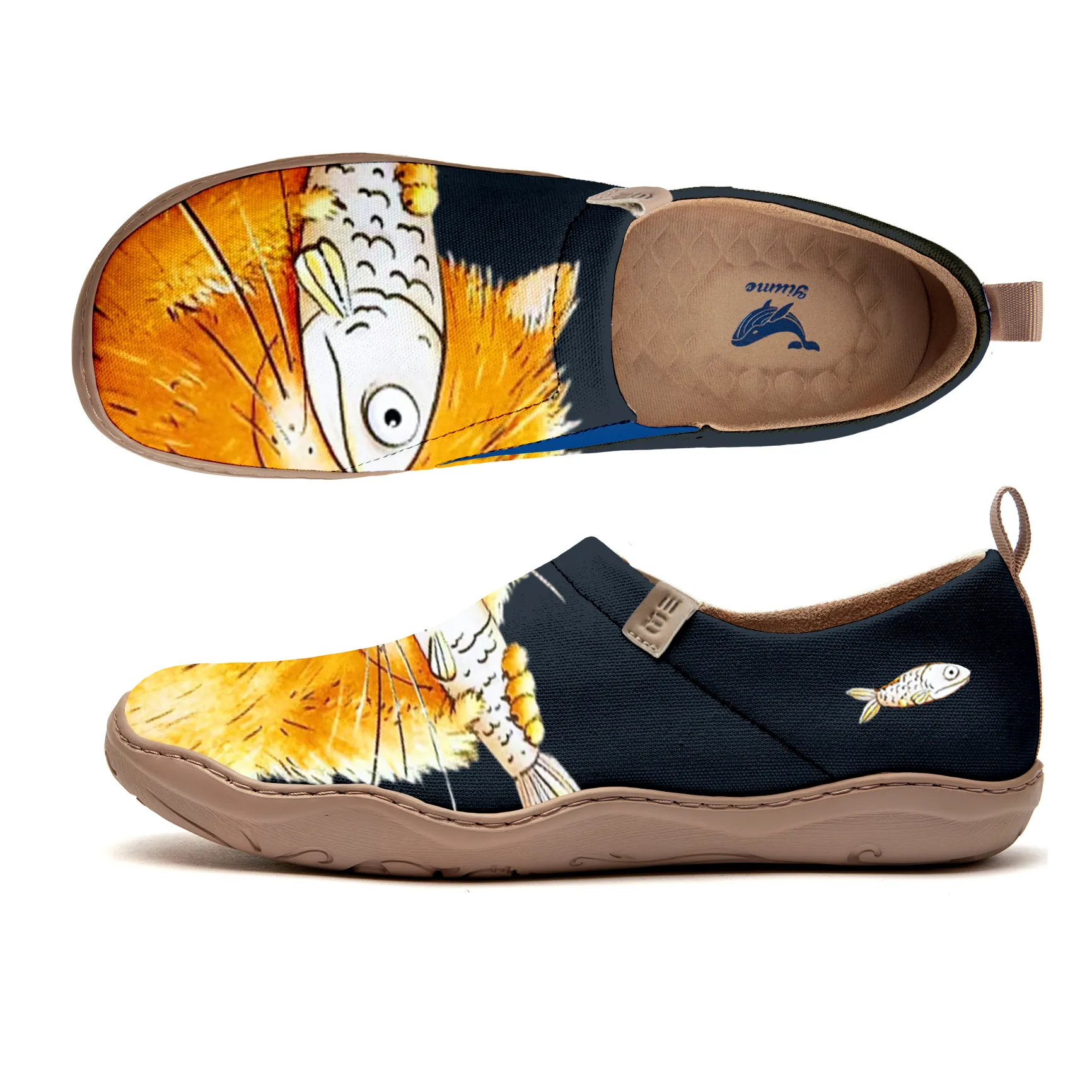 Women's Yellow Shoes Featuring Orange Cat With Fish