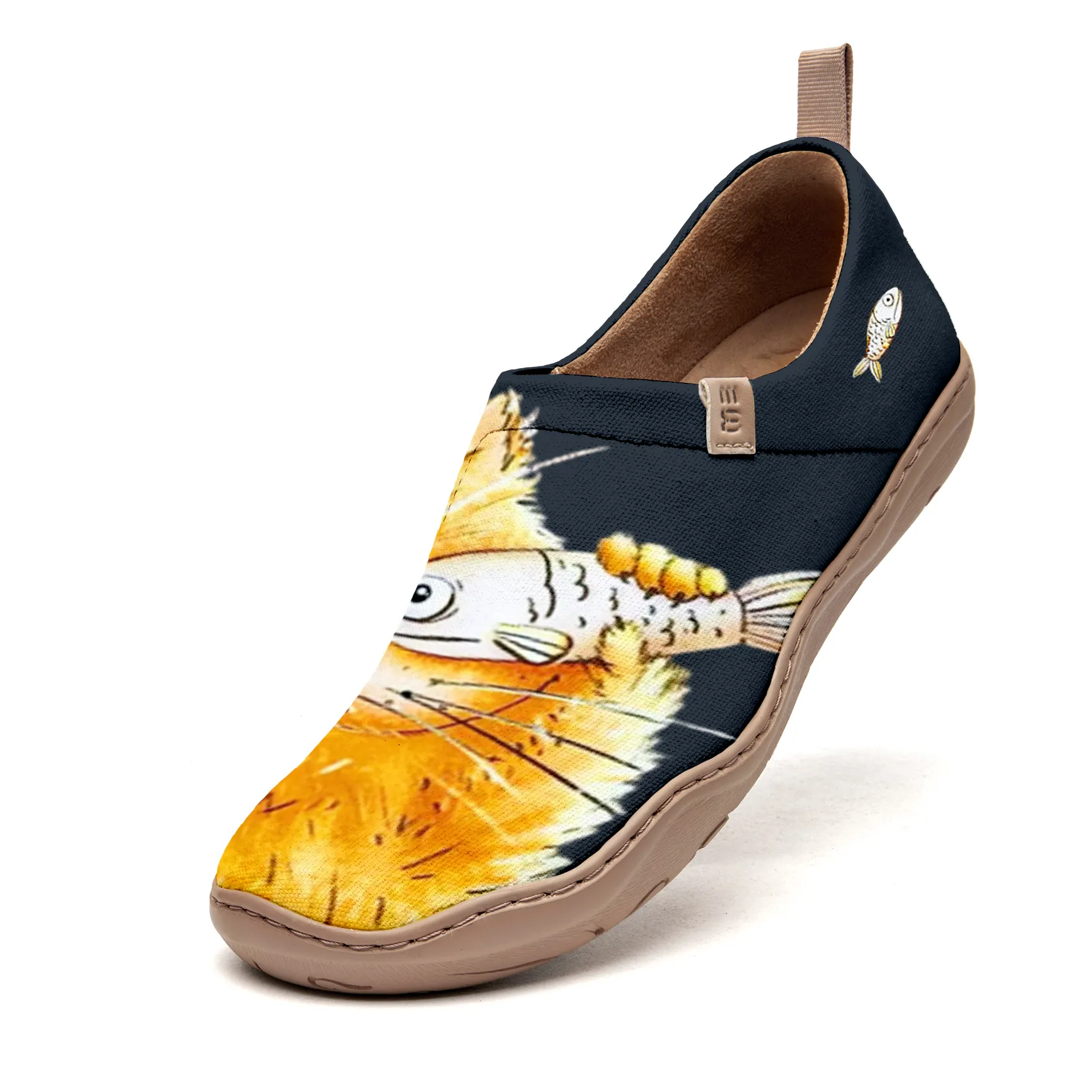 Women's Yellow Shoes Featuring Orange Cat With Fish